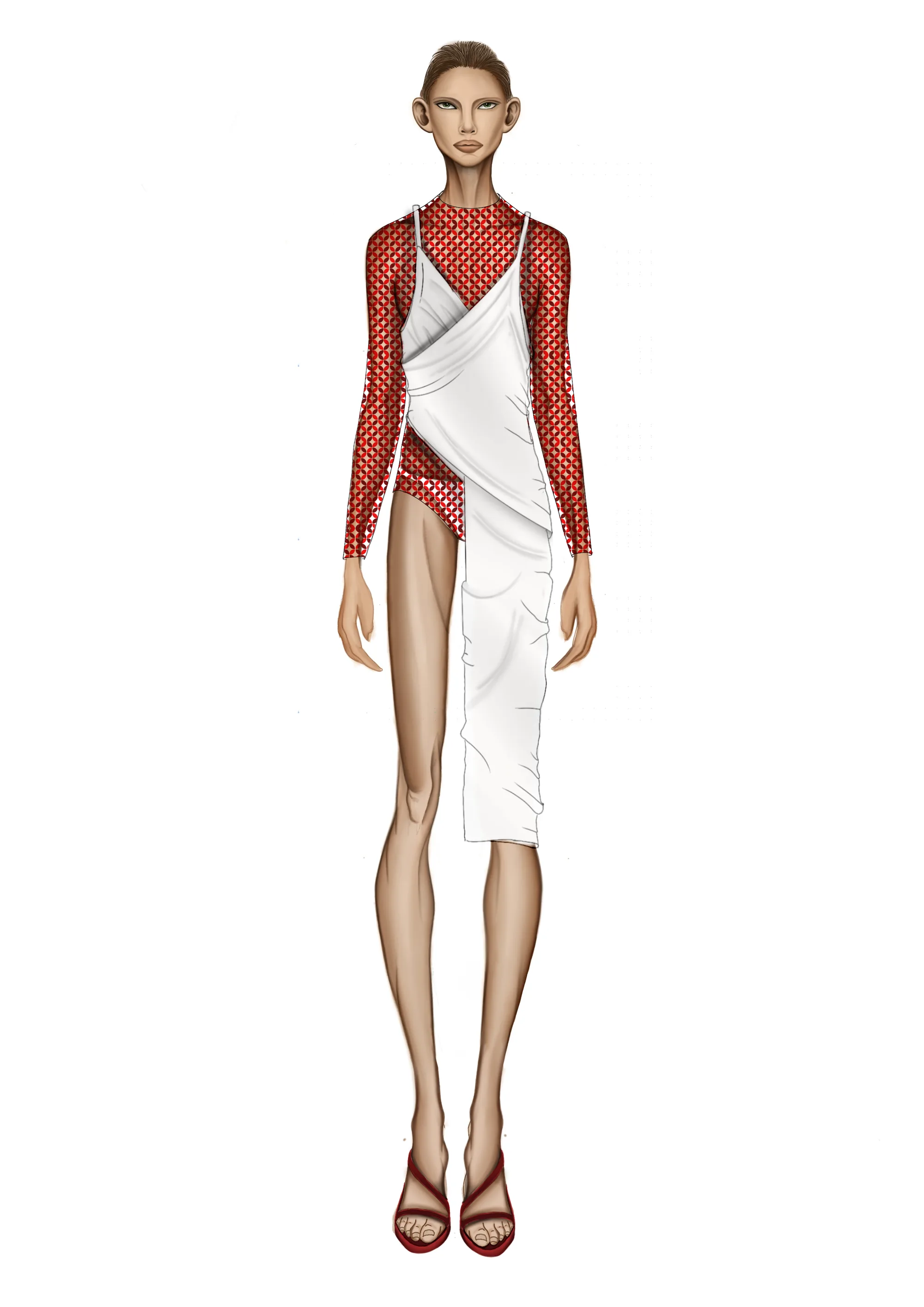 Body e saia assimétrica, vermelho e branco.