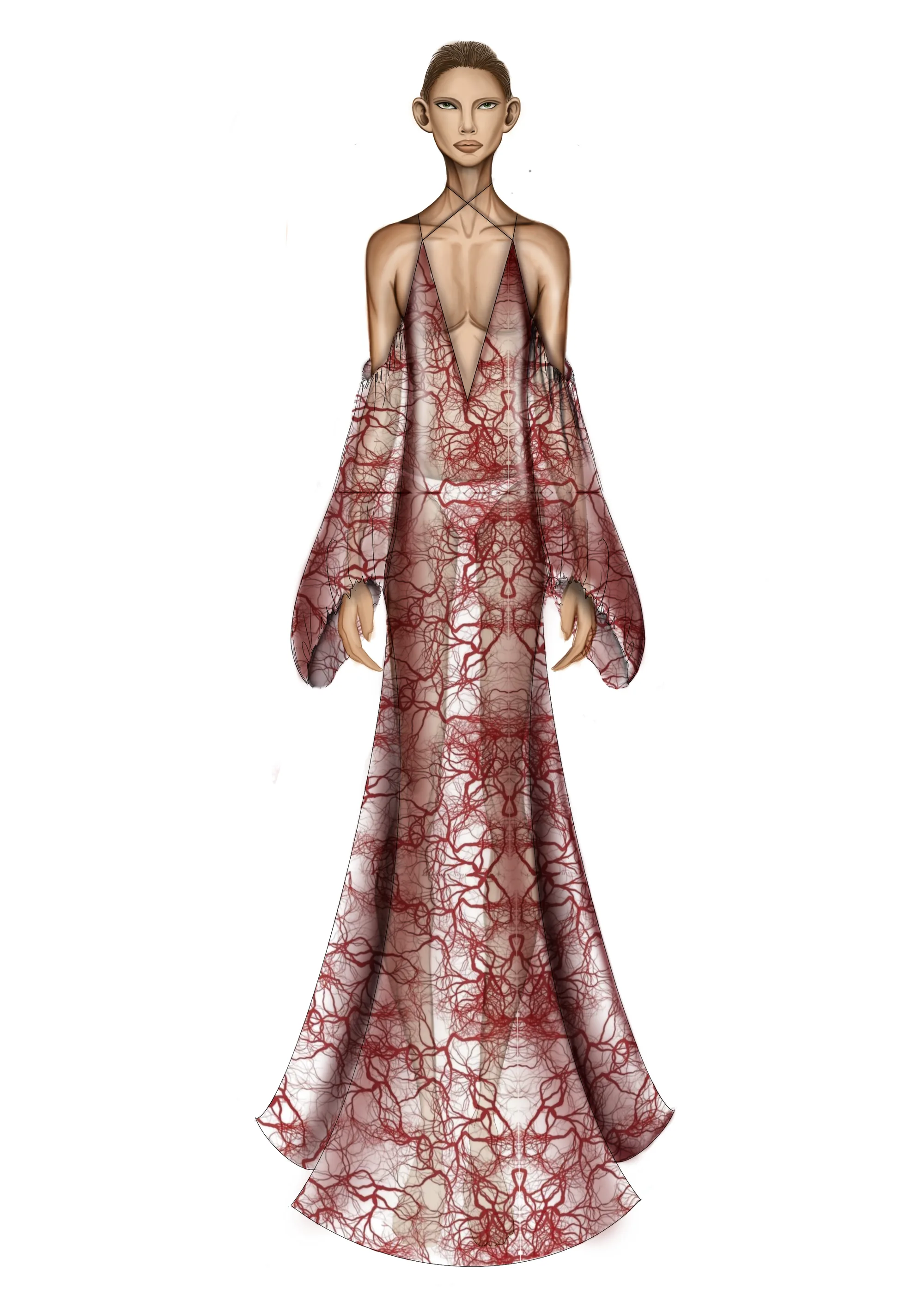 Vestido longo em renda vermelha.