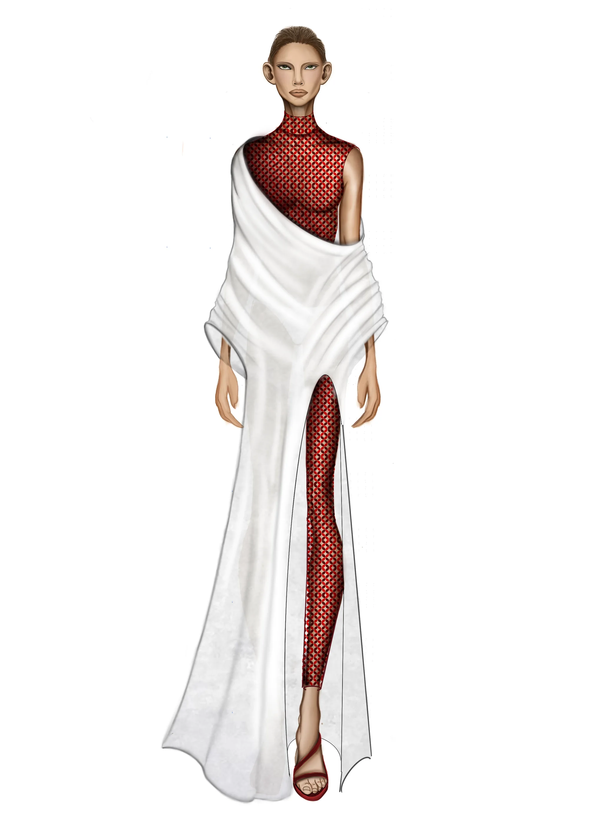 Drapeado branco sobre body vermelho.