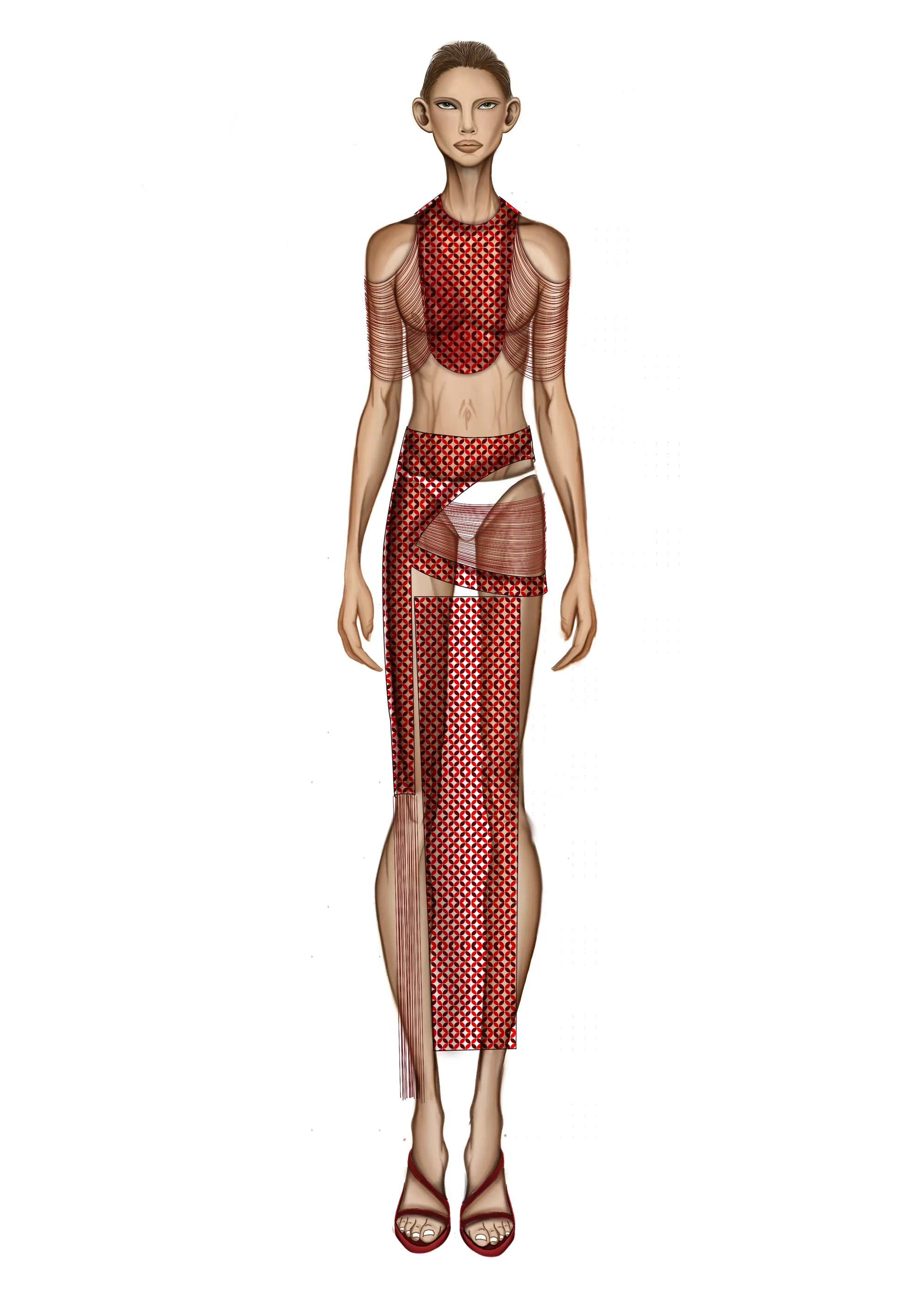 Conjunto em tela vermelha.