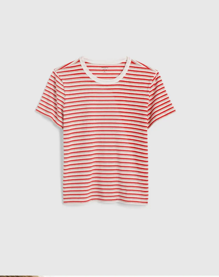 Camiseta listrada vermelha, Dakota Fanning x Madewell.